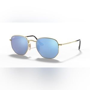 Ray-Ban Blue Lens Hexagonal Sunglasses with Gold Frames